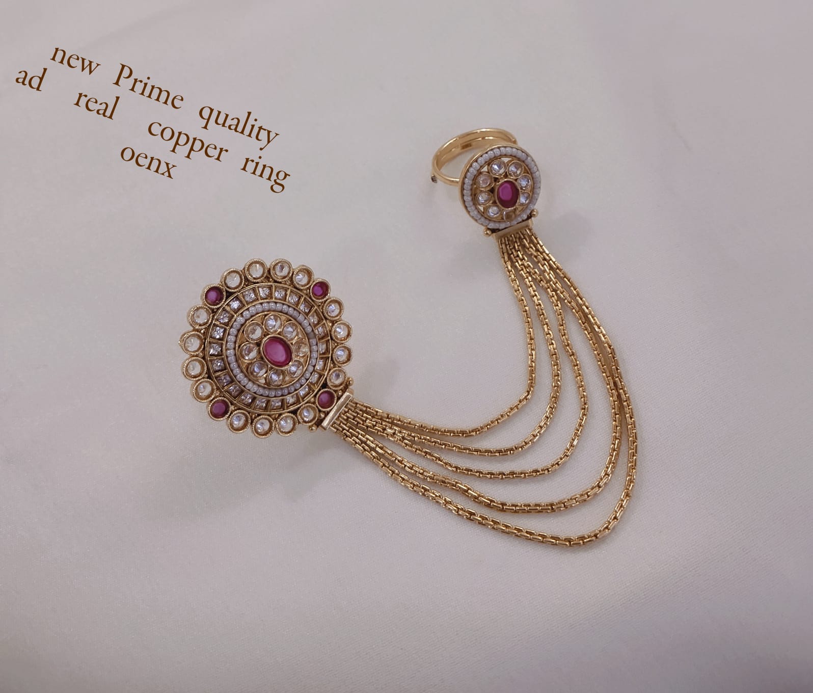 Traditional AD Stone Hathphool Ring Bracelet – Copper Chain Hand Harness Jewelry